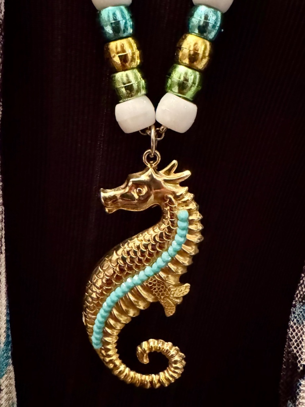Gold Seahorse Pendant Necklace with Turquoise Accent - Women Jewelry